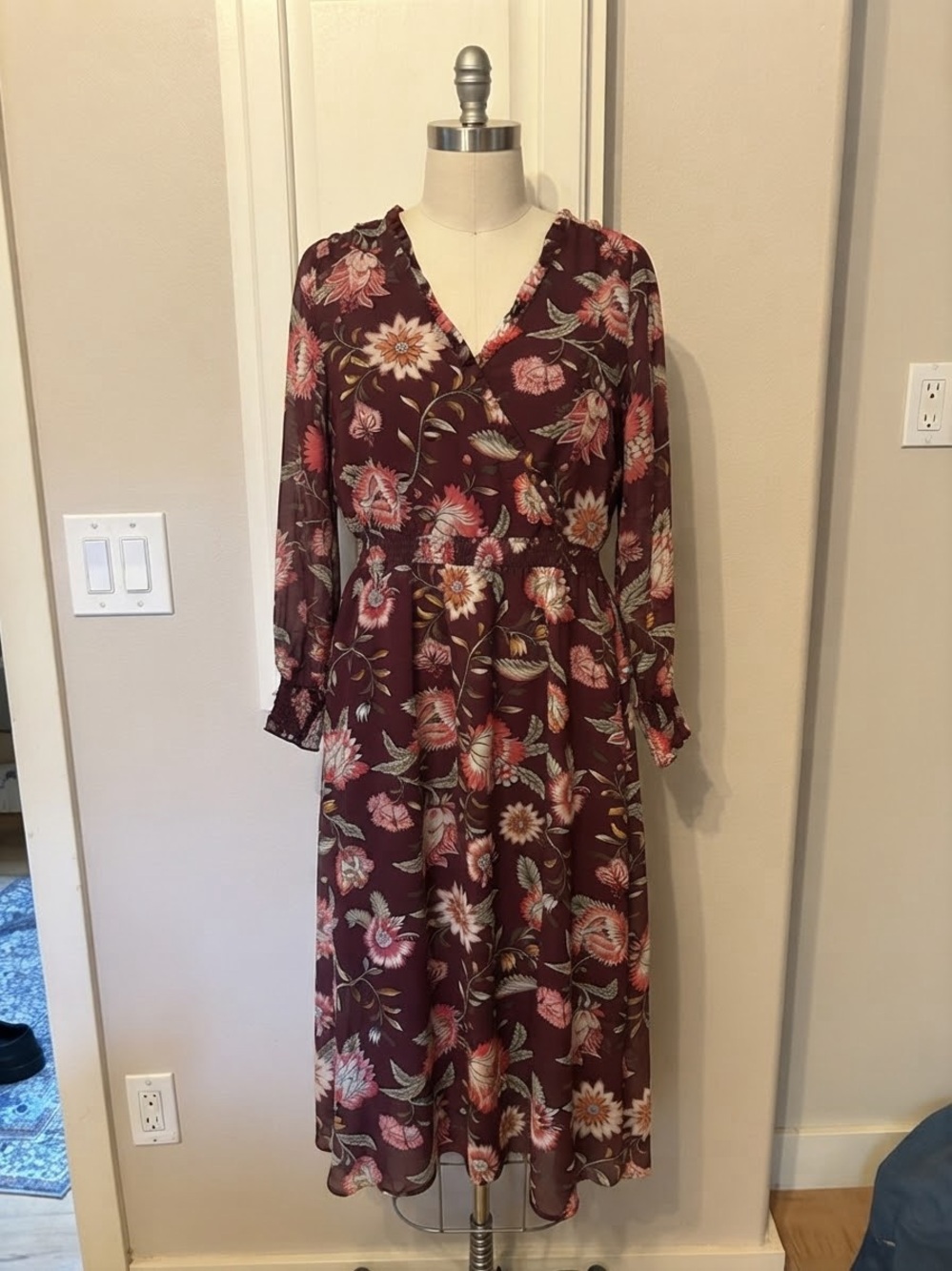LOFT Burgundy Floral V-Neck Long Sleeve Midi Dress